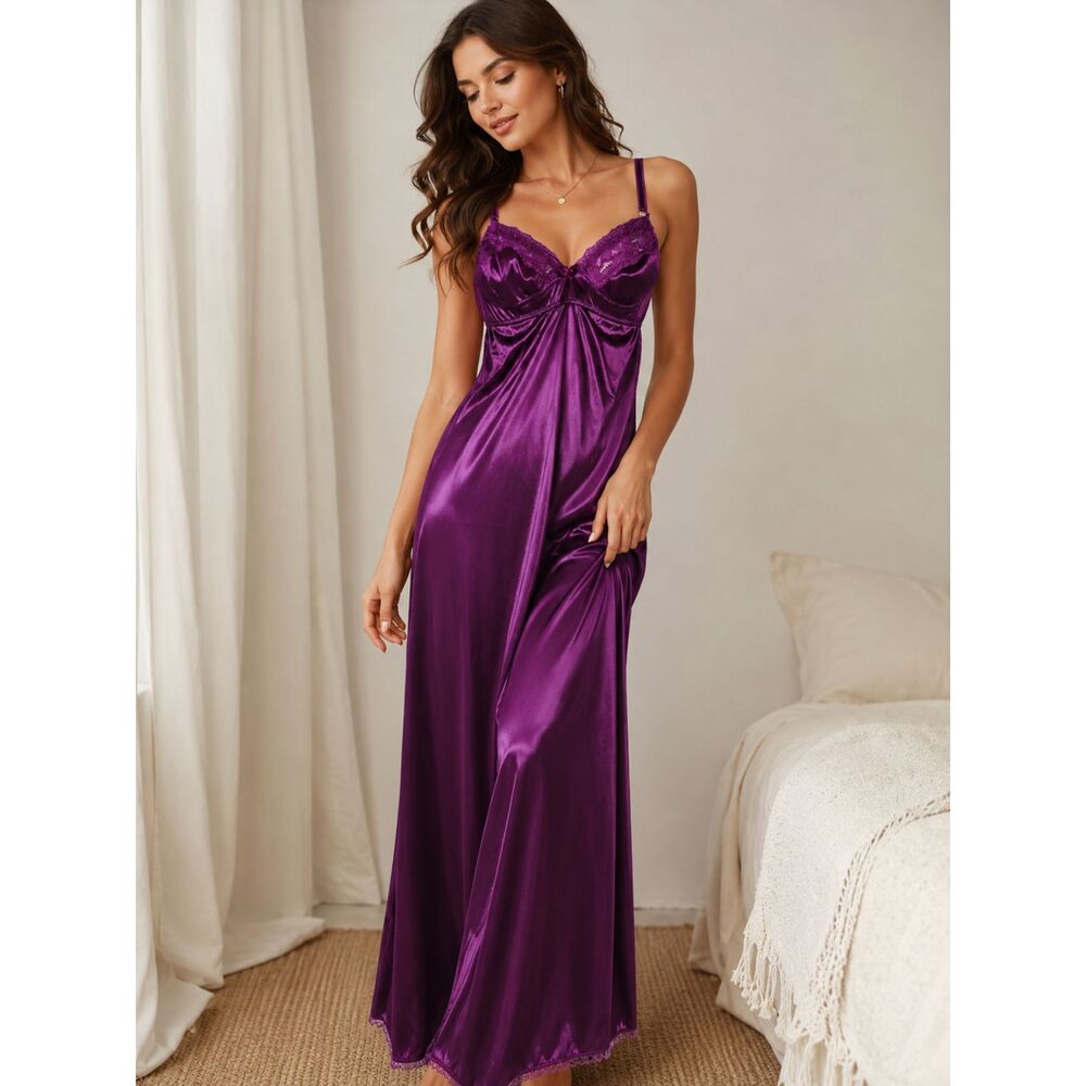 Hanan Satin Nightgown Slip Dress Purple Lace Maxi Lingerie Plus Size 16/18 EUC